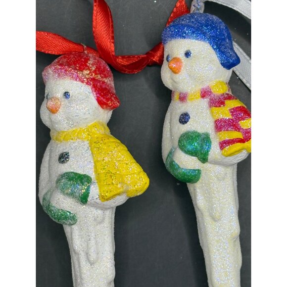 Vintage Set of 2 Snowman Icicle Ornaments With Glitter & Red/Blue Hats 5.5” - Picture 3 of 4